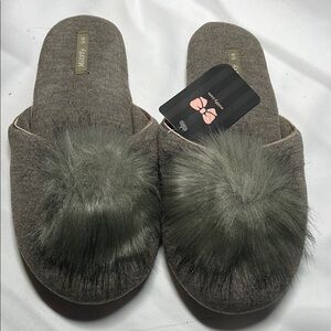 Cozy Gray Slippers with Faux Fur Pom by Secret Treasures